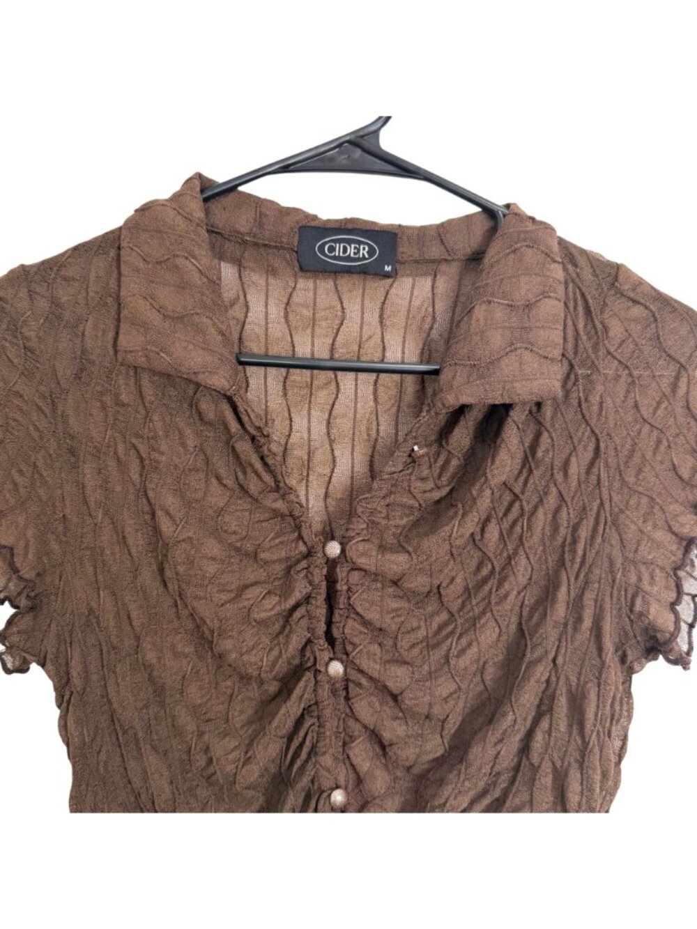 Cider Brown Sheer Ruched Button-Up Tie Front Crop Top Size M - Picture 8 of 10